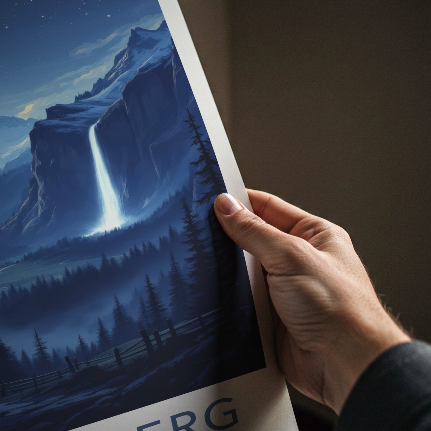Stechelberg Poster - Switzerland Travel Art - Moonlit Valley Waterfall Wall Decor
