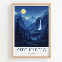 Stechelberg Poster - Switzerland Travel Art - Moonlit Valley Waterfall Wall Decor