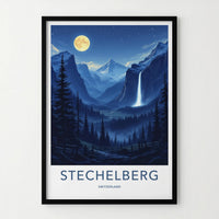 Stechelberg Poster - Switzerland Travel Art - Moonlit Valley Waterfall Wall Decor