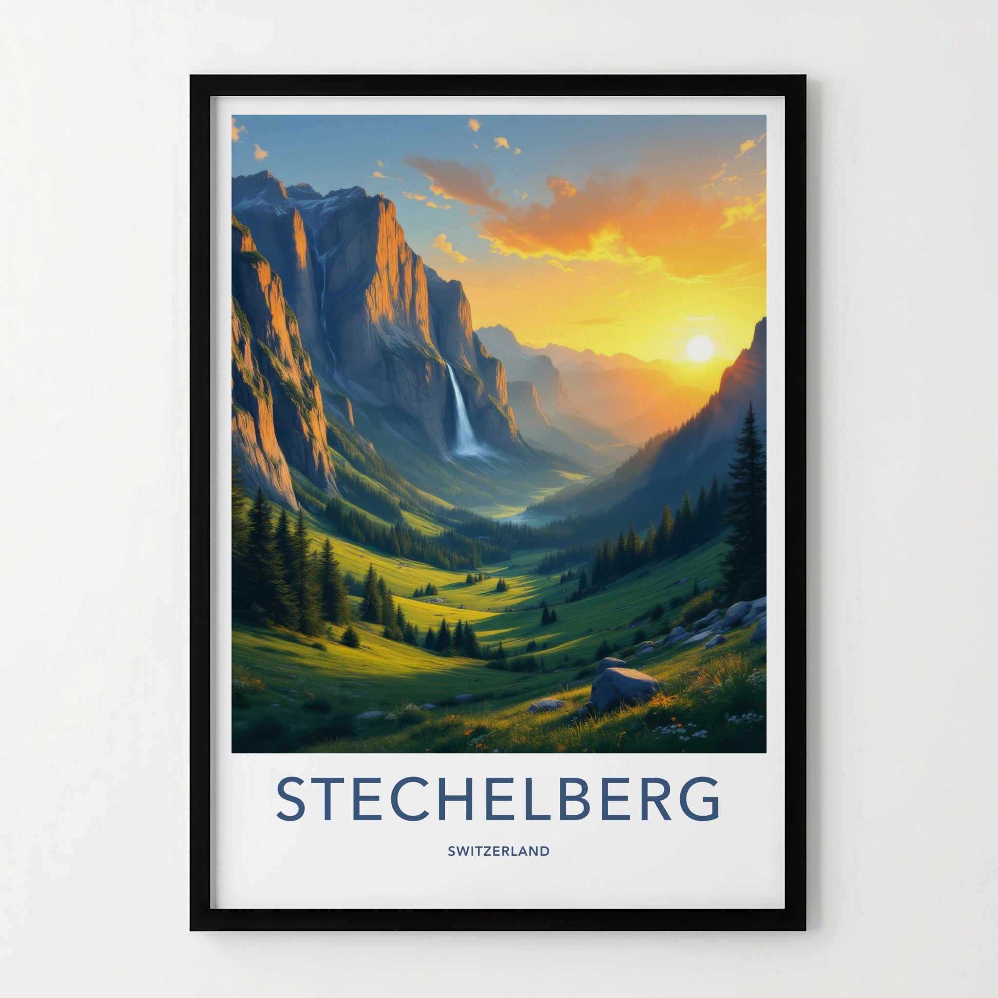Stechelberg Poster - Switzerland Travel Print - Sunset Valley Waterfall Home Decor