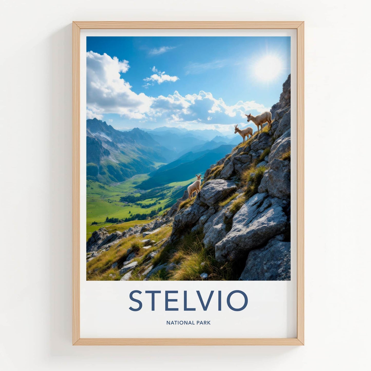 Stelvio National Park Poster - Italy Travel Art - Sunlit Mountain Ibex Wall Decor