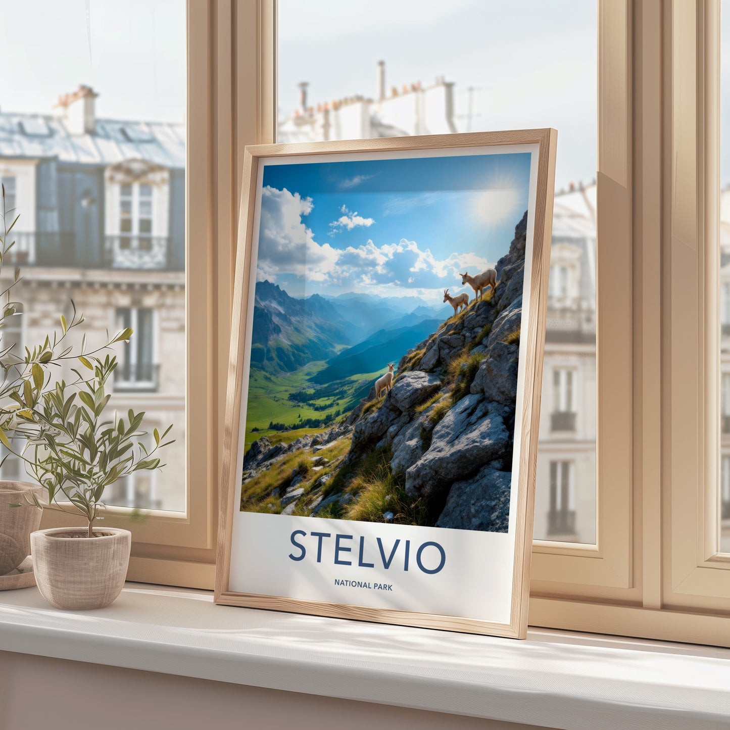 Stelvio National Park Poster - Italy Travel Art - Sunlit Mountain Ibex Wall Decor
