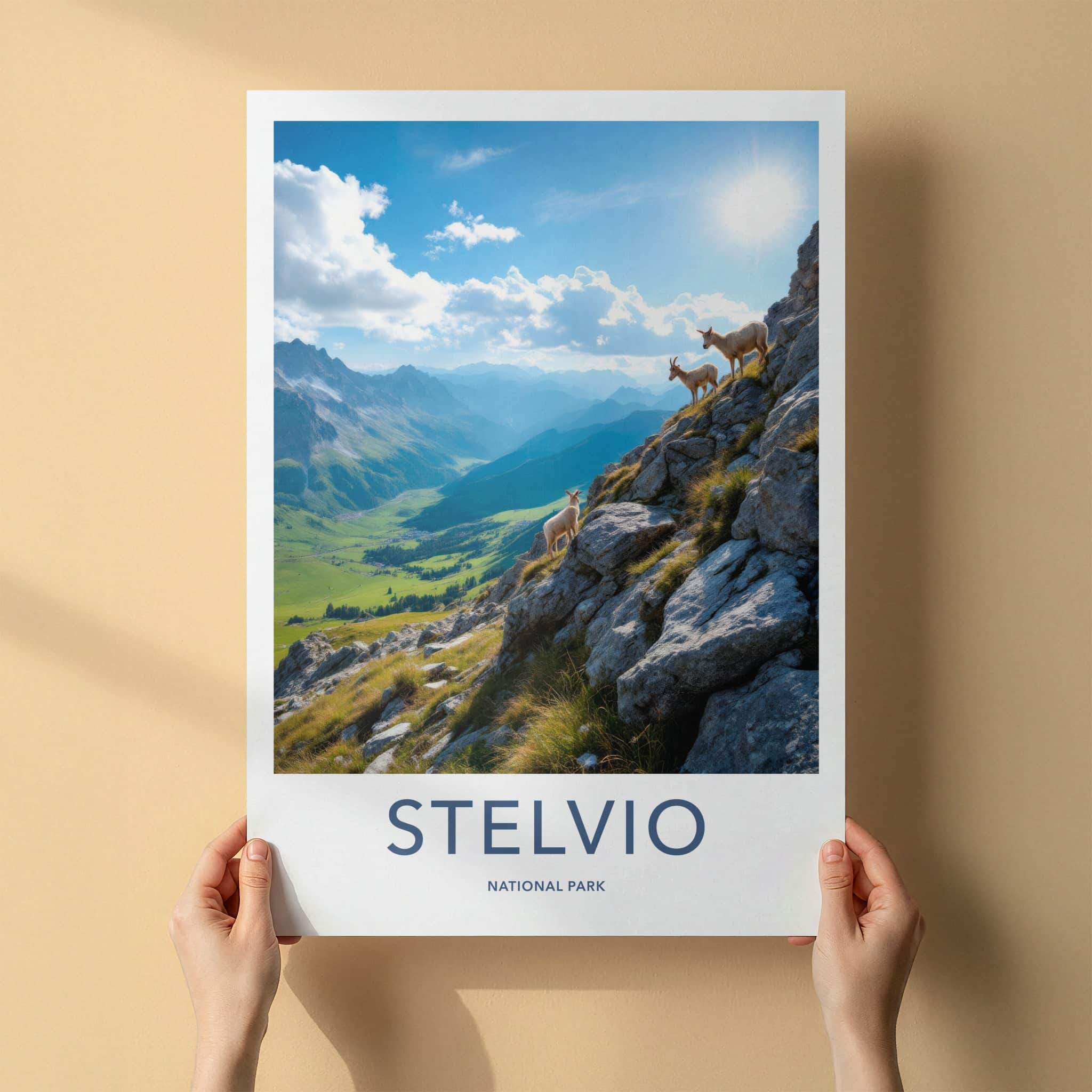 Stelvio National Park Poster - Italy Travel Art - Sunlit Mountain Ibex Wall Decor