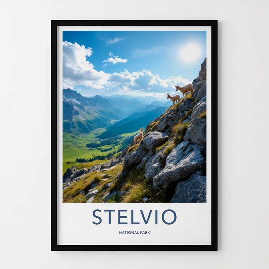 Stelvio National Park Poster - Italy Travel Art - Sunlit Mountain Ibex Wall Decor