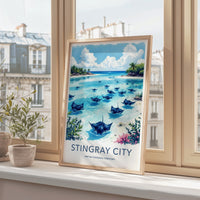 Stingray City Poster - Cayman Islands Travel Art - Stingrays Blue Waters Home Decor