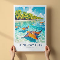 Stingray City Poster - Cayman Islands Travel Print - Tropical Ocean Rays Home Decor