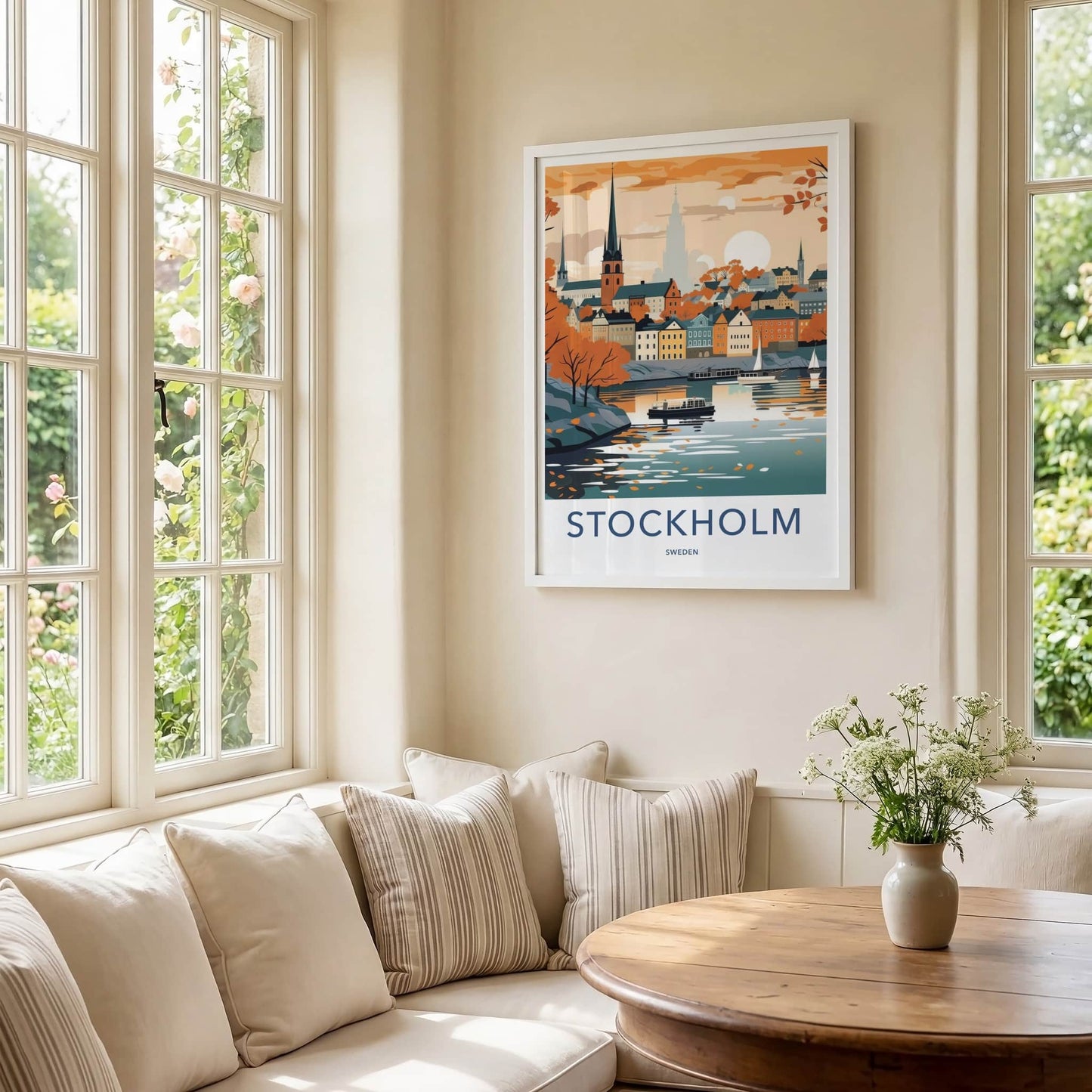 Stockholm Poster - Sweden Travel Art - Autumn Cityscape Water Home Decor