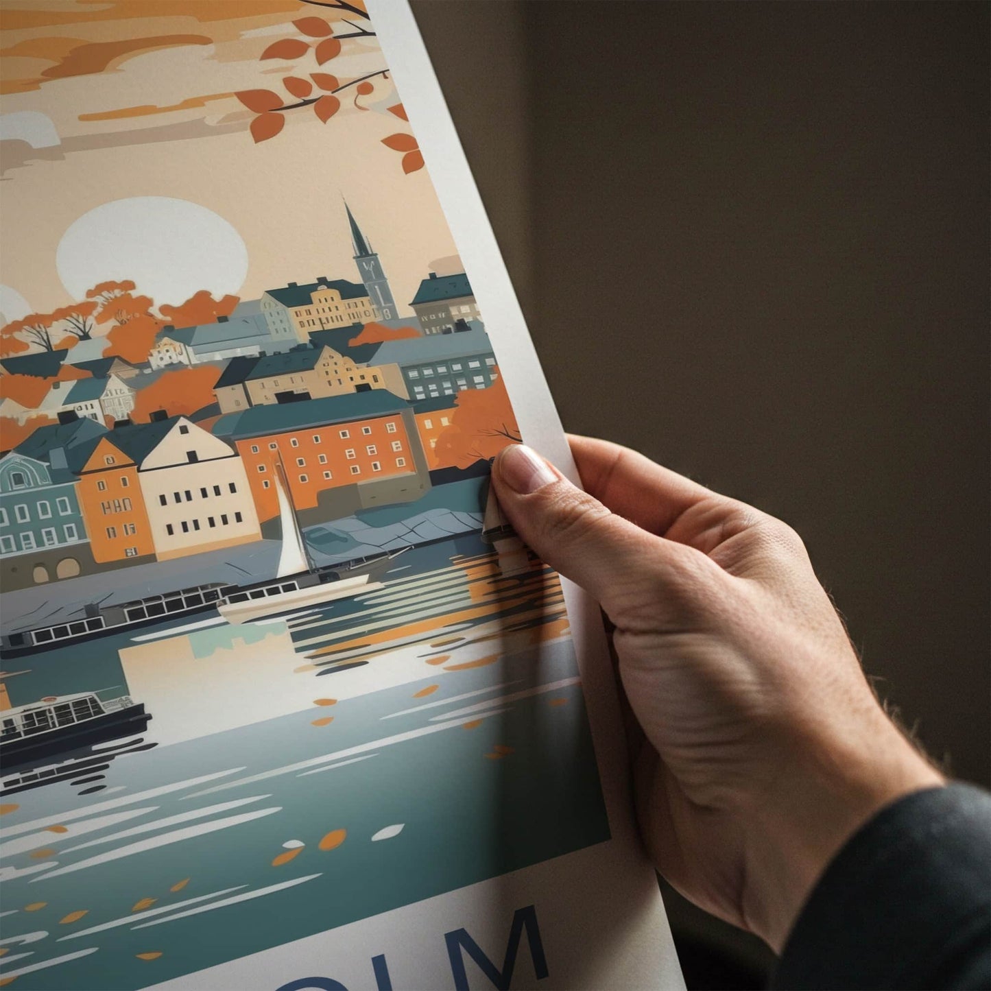 Stockholm Poster - Sweden Travel Art - Autumn Cityscape Water Home Decor
