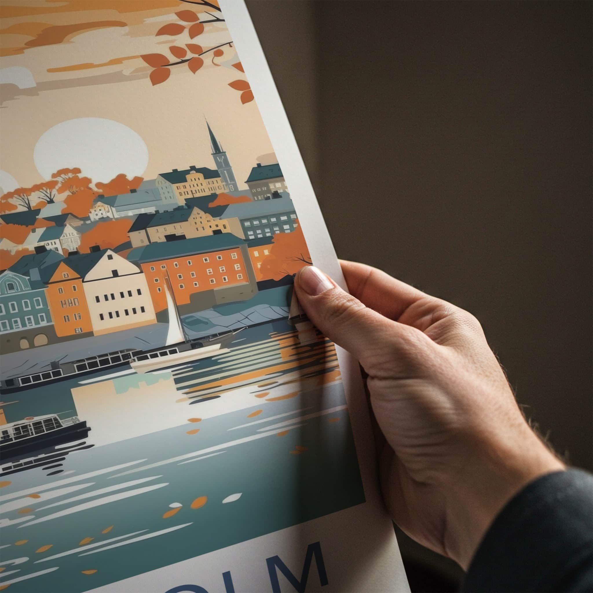 Stockholm Poster - Sweden Travel Art - Autumn Cityscape Water Home Decor