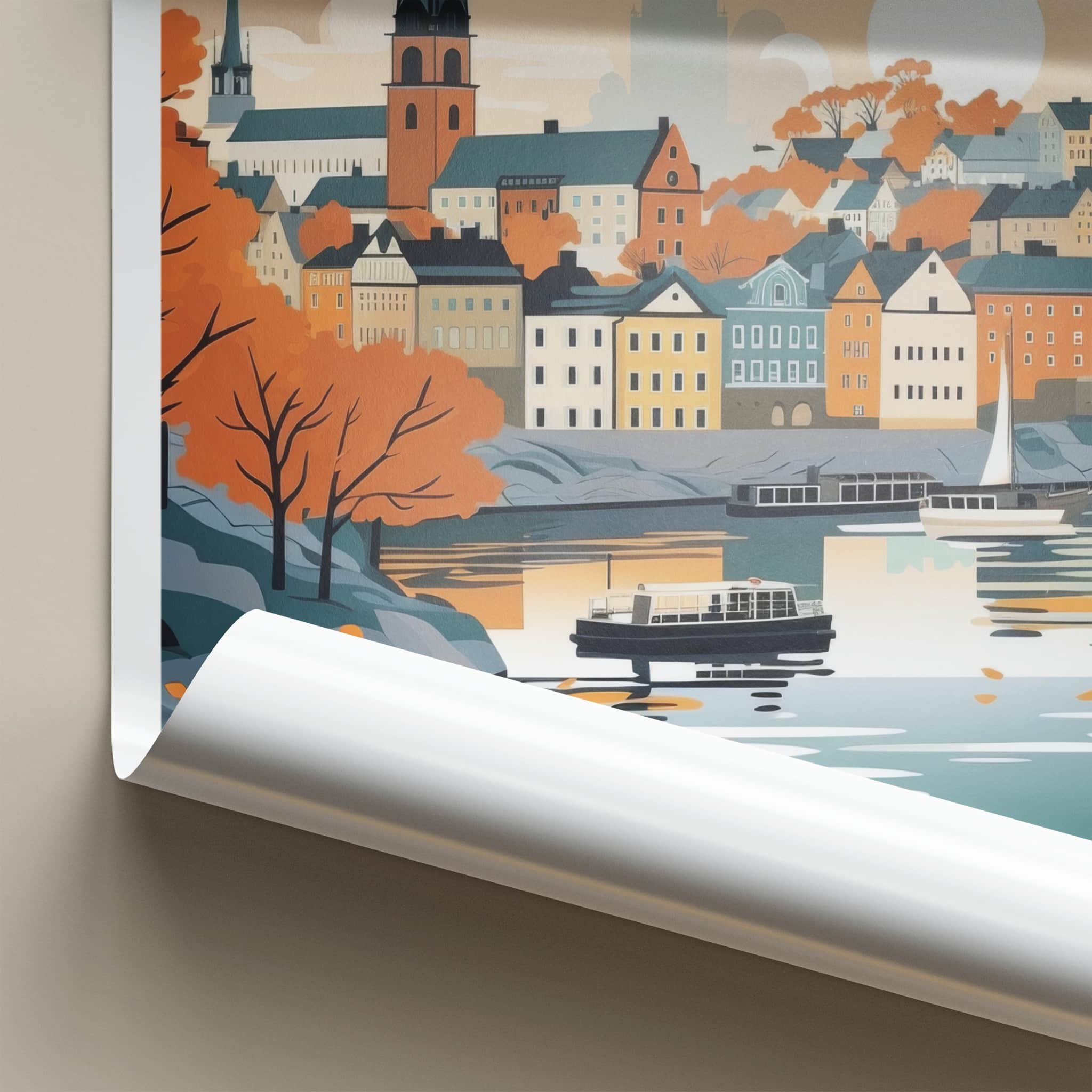 Stockholm Poster - Sweden Travel Art - Autumn Cityscape Water Home Decor