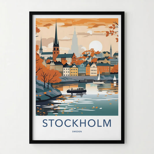 Stockholm Poster - Sweden Travel Art - Autumn Cityscape Water Home Decor