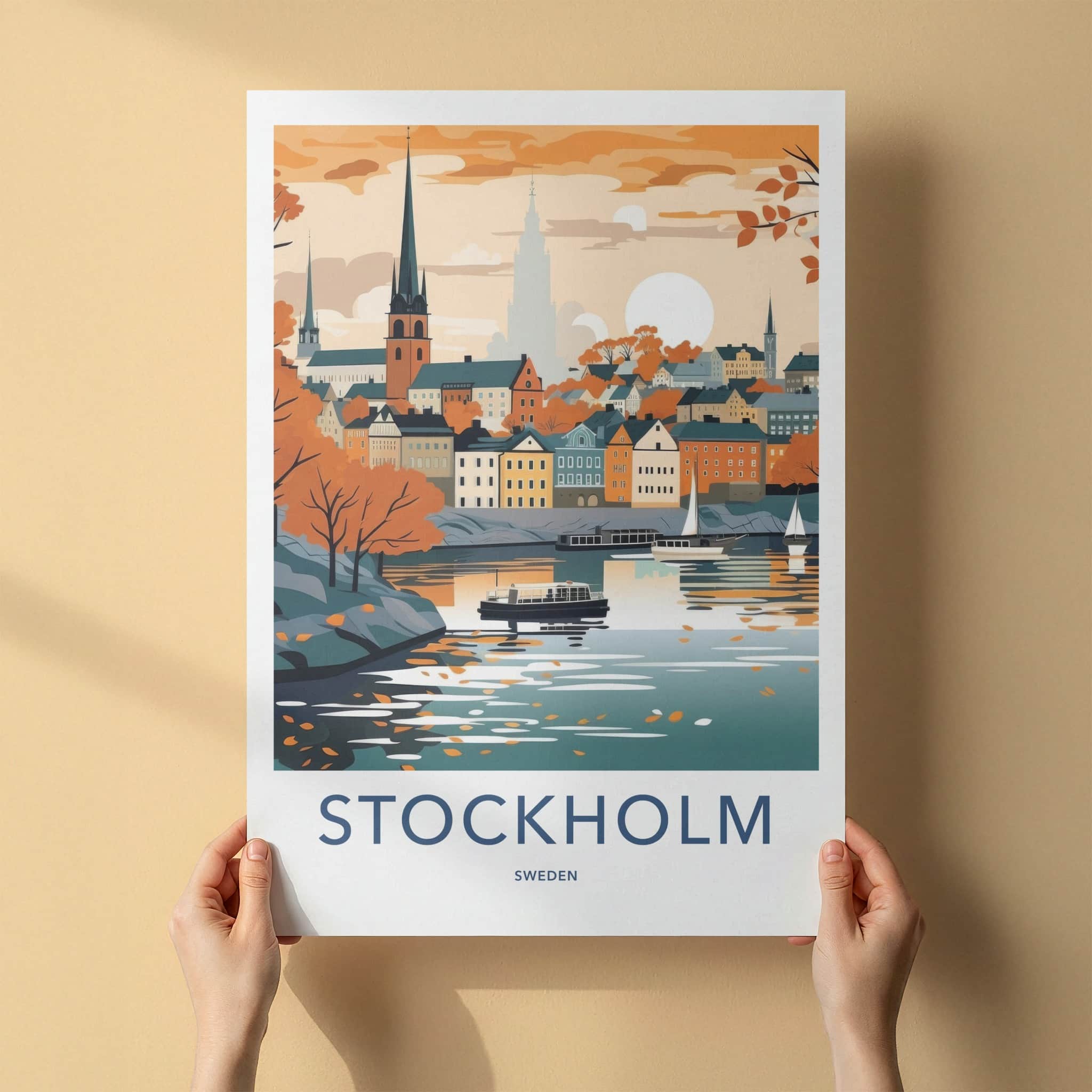 Stockholm Poster - Sweden Travel Art - Autumn Cityscape Water Home Decor
