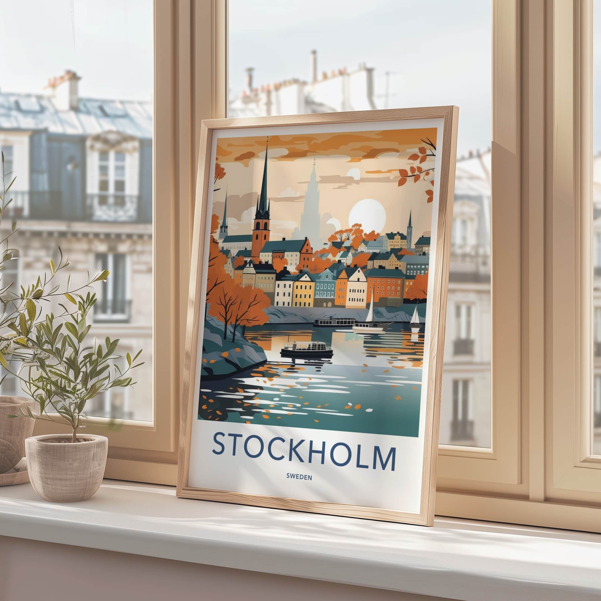 Stockholm Poster - Sweden Travel Art - Autumn Cityscape Water Home Decor
