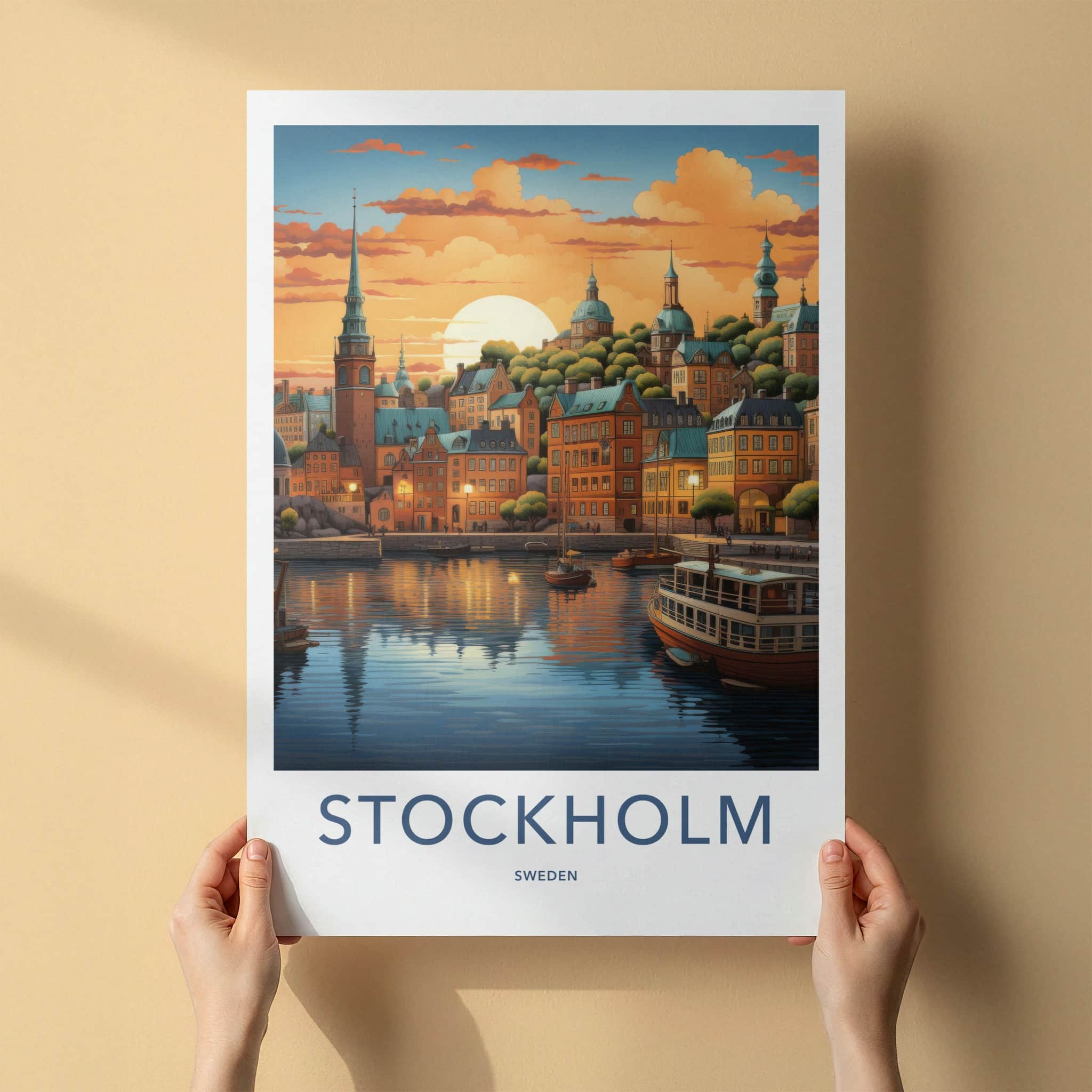 Stockholm Poster - Sweden Travel Art - Swedish Sunset Harbor Home Decor