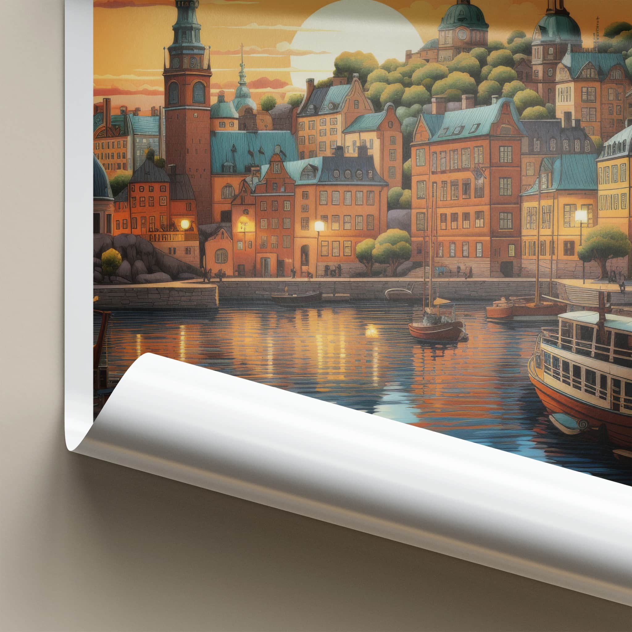 Stockholm Poster - Sweden Travel Art - Swedish Sunset Harbor Home Decor