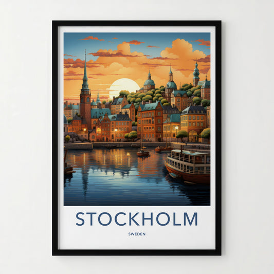 Stockholm Poster - Sweden Travel Art - Swedish Sunset Harbor Home Decor