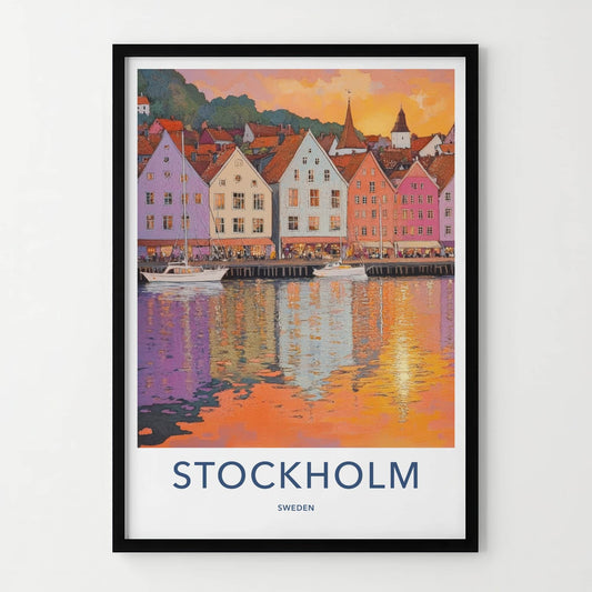 Stockholm Poster - Sweden Travel Art - Vibrant Harbor Reflections Wall Decor