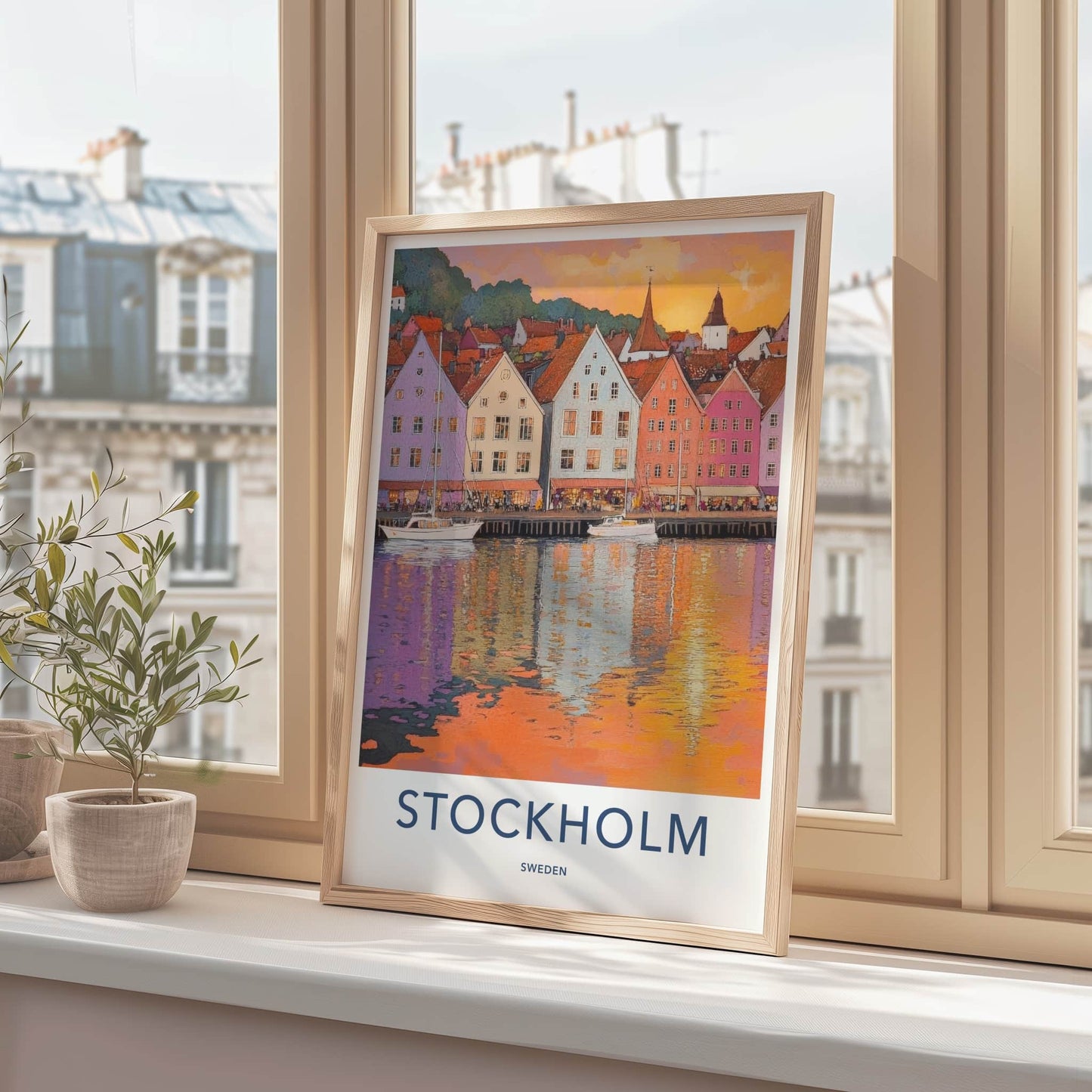 Stockholm Poster - Sweden Travel Art - Vibrant Harbor Reflections Wall Decor
