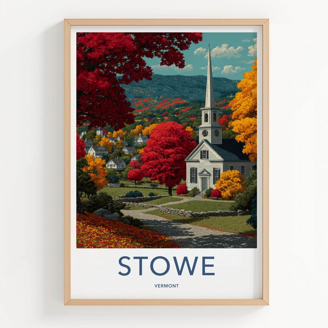 Stowe Poster - Vermont Framed Print - Autumn Church Path Lounge Decor