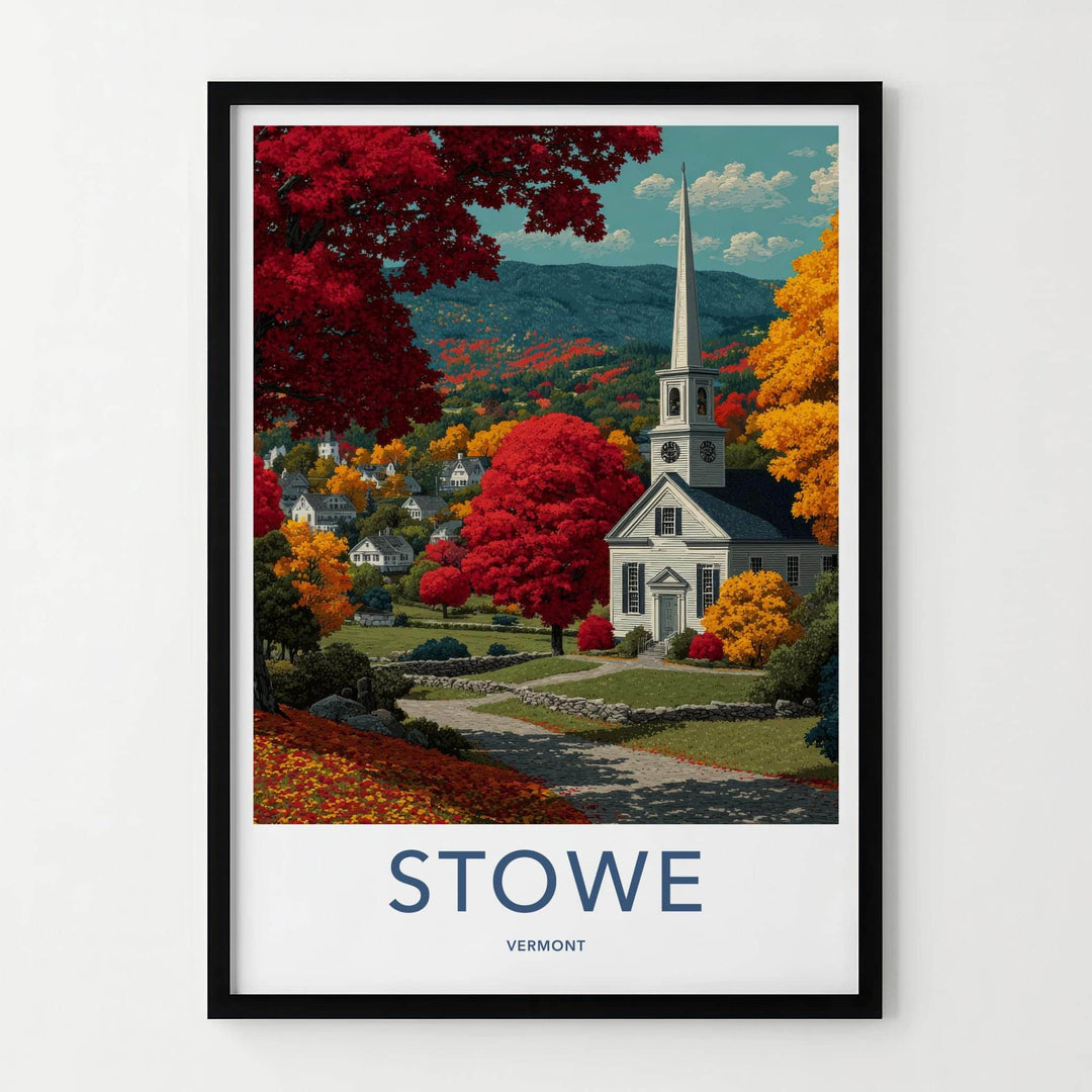 Stowe Poster - Vermont Framed Print - Autumn Church Path Lounge Decor