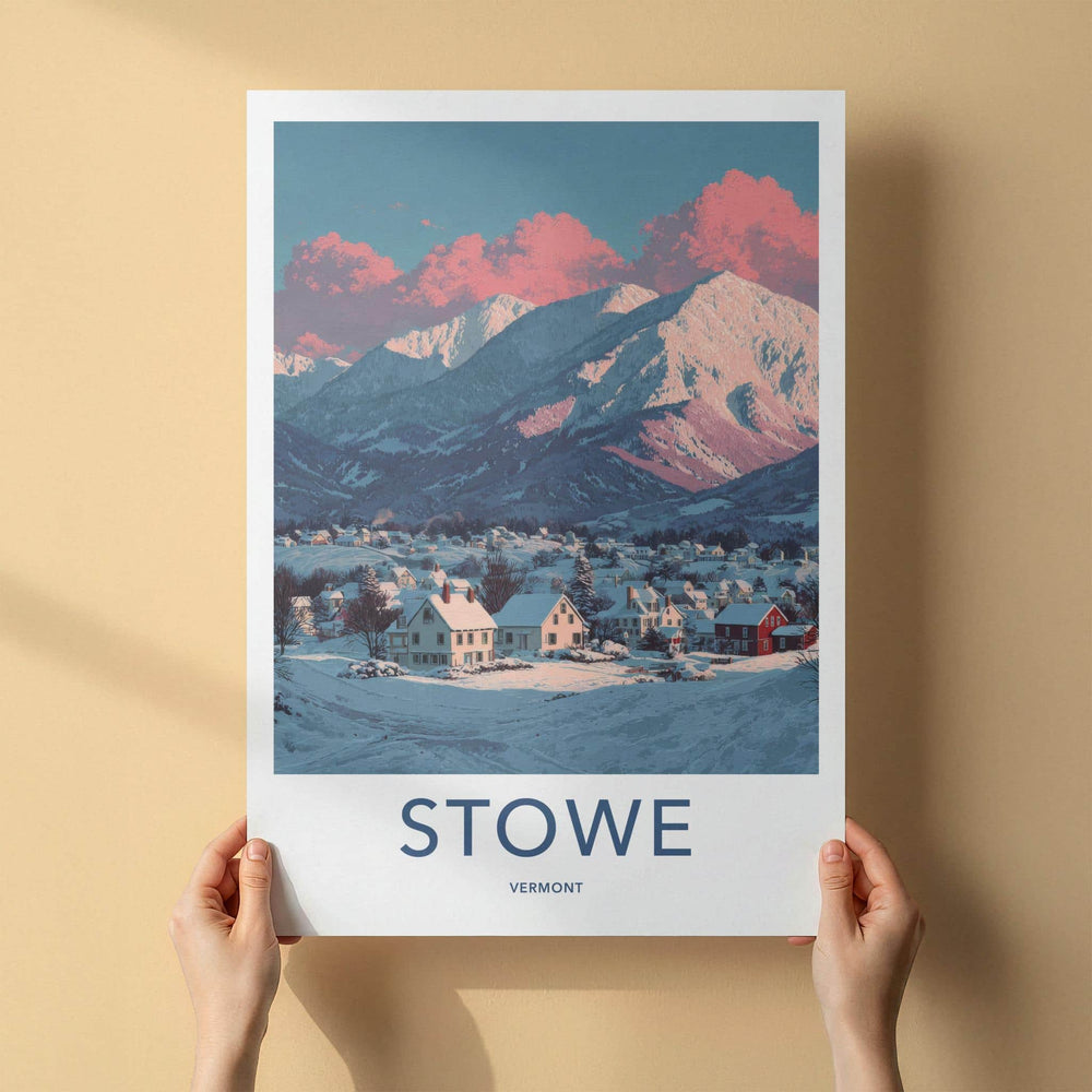 Stowe Poster - Vermont Travel Art - Pink Clouded Mountains Home Decor