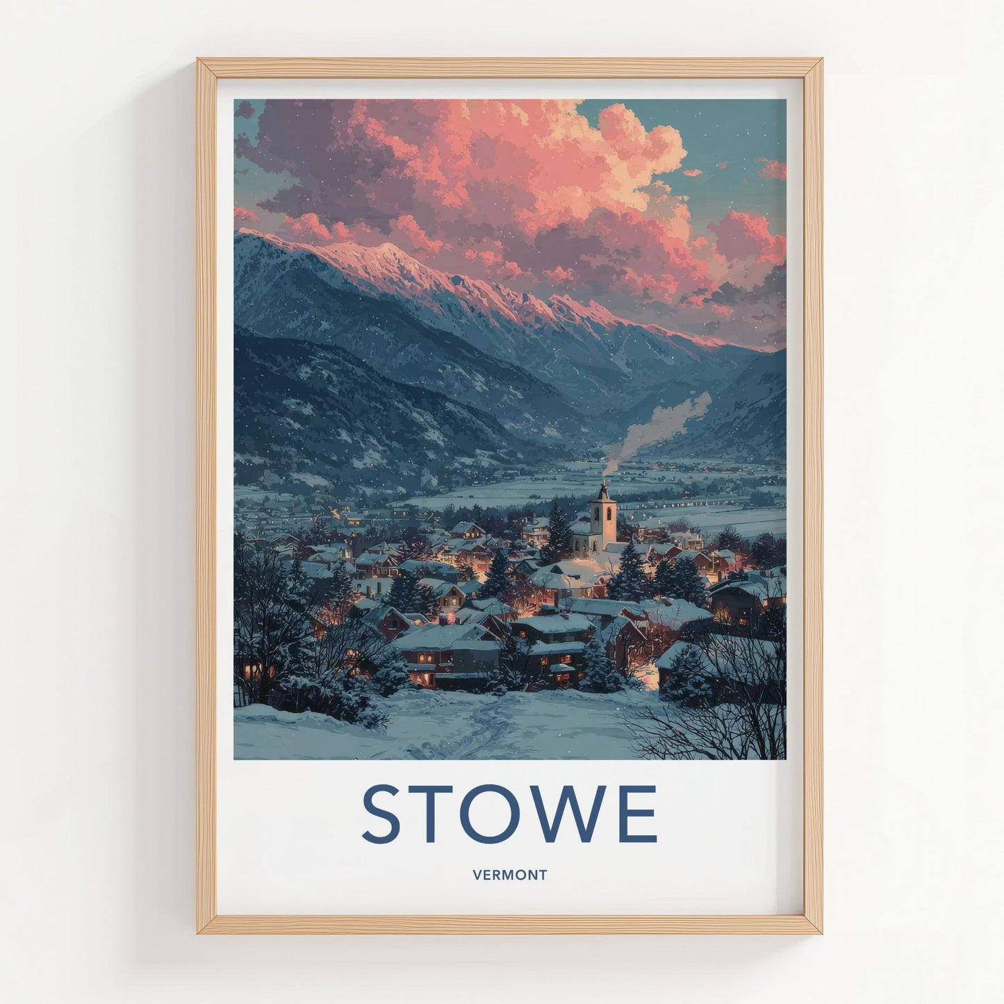 Stowe Poster - Vermont Travel Art - Snowy Village Sunset Home Decor