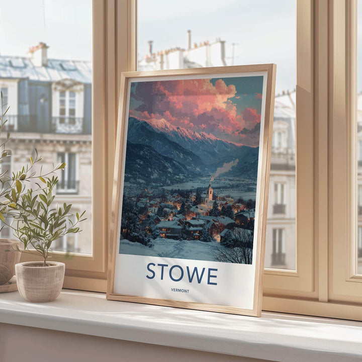 Stowe Poster - Vermont Travel Art - Snowy Village Sunset Home Decor