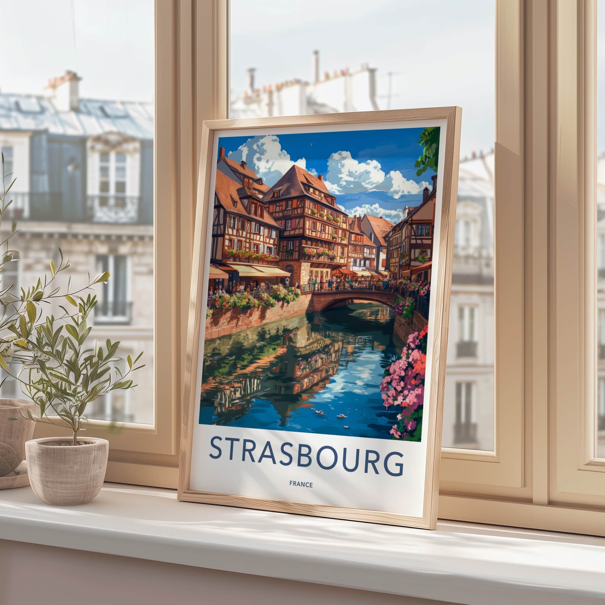 Strasbourg Poster - France Travel Art - Flowered Canal Buildings Home Decor