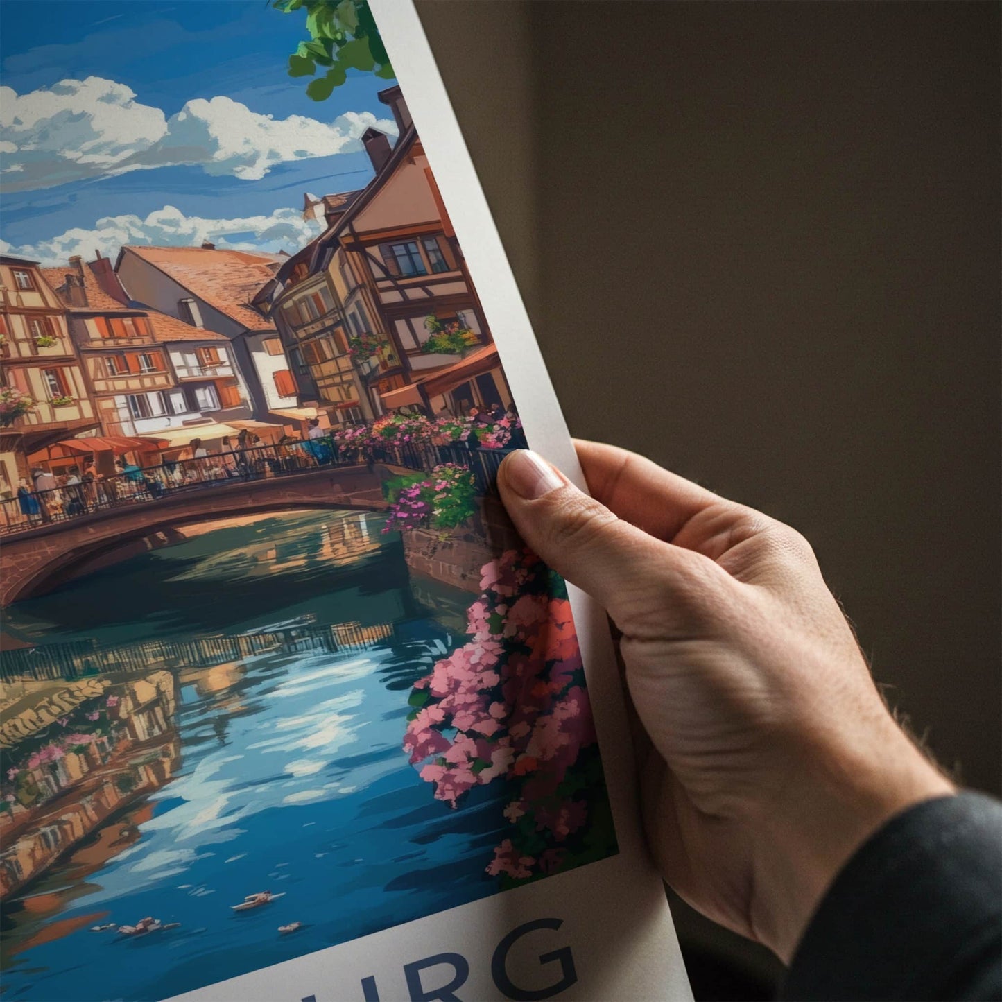 Strasbourg Poster - France Travel Art - Flowered Canal Buildings Home Decor