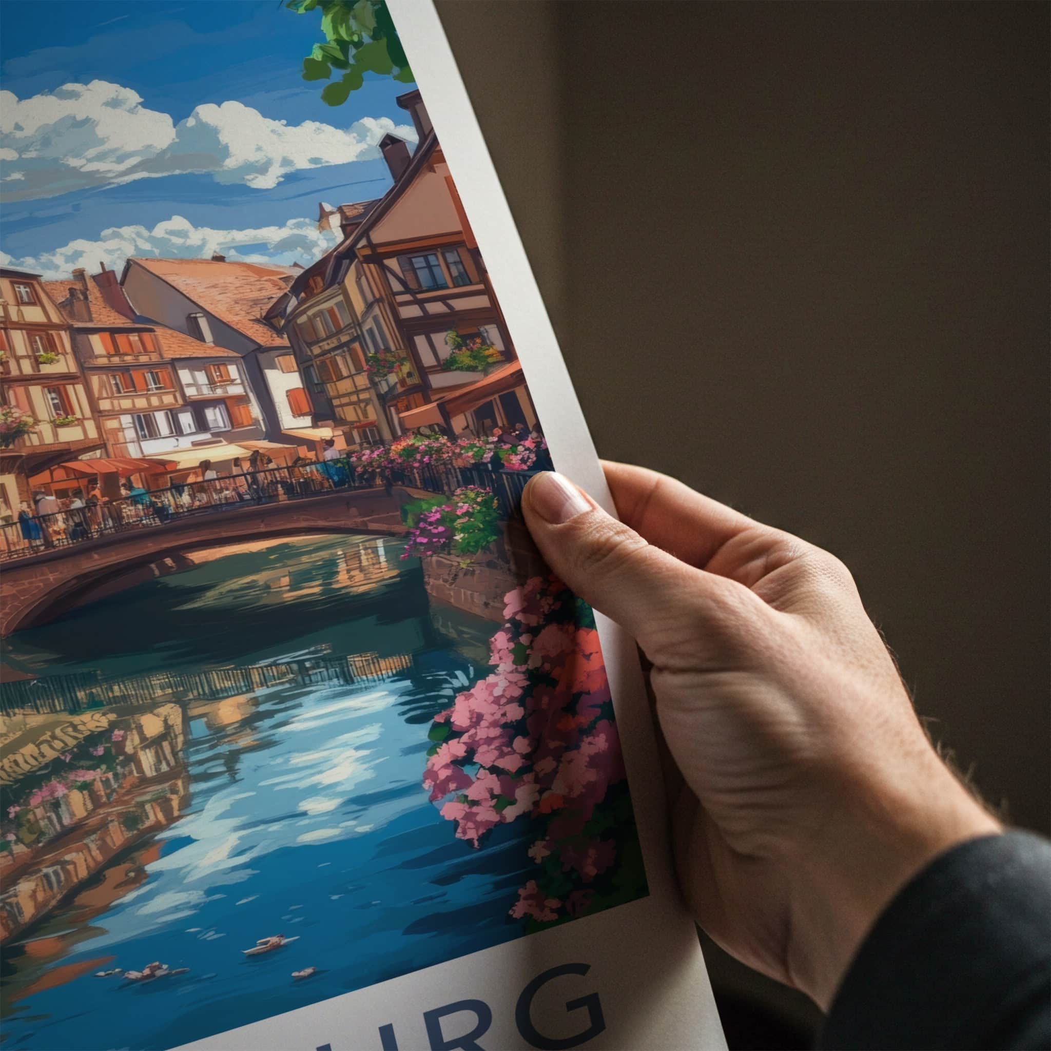 Strasbourg Poster - France Travel Art - Flowered Canal Buildings Home Decor