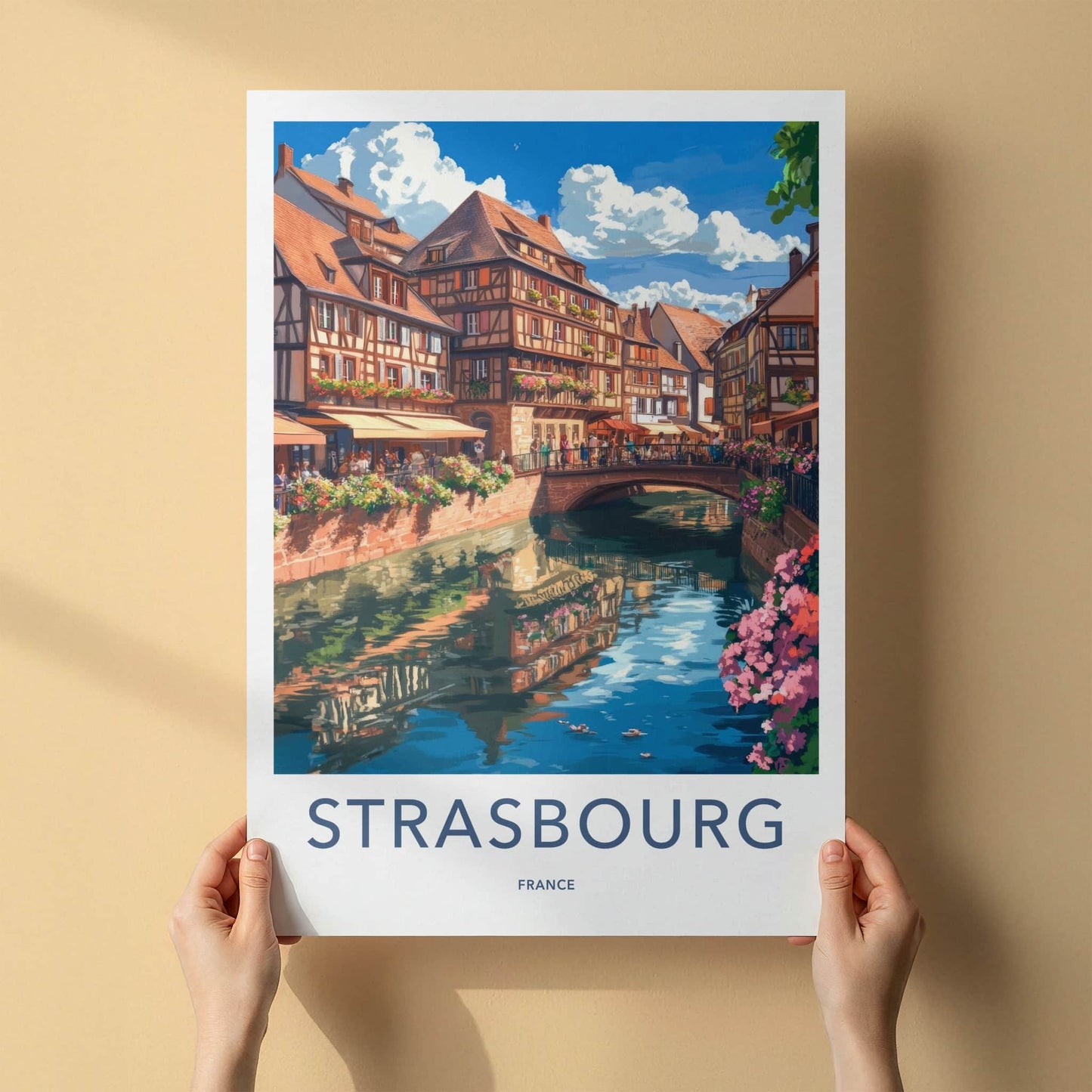 Strasbourg Poster - France Travel Art - Flowered Canal Buildings Home Decor