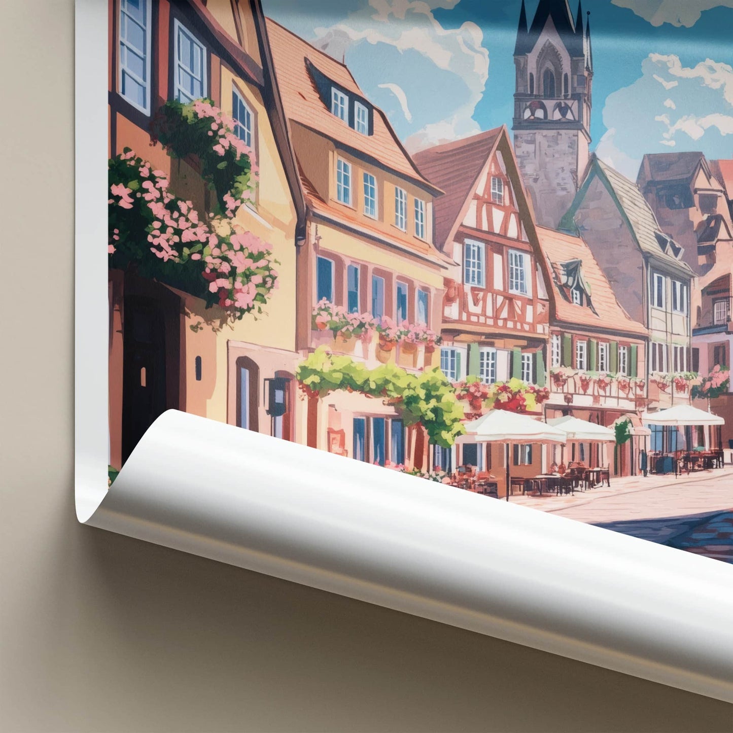 Strasbourg Poster - France Travel Art - Flowered Cobblestone Alley Home Decor
