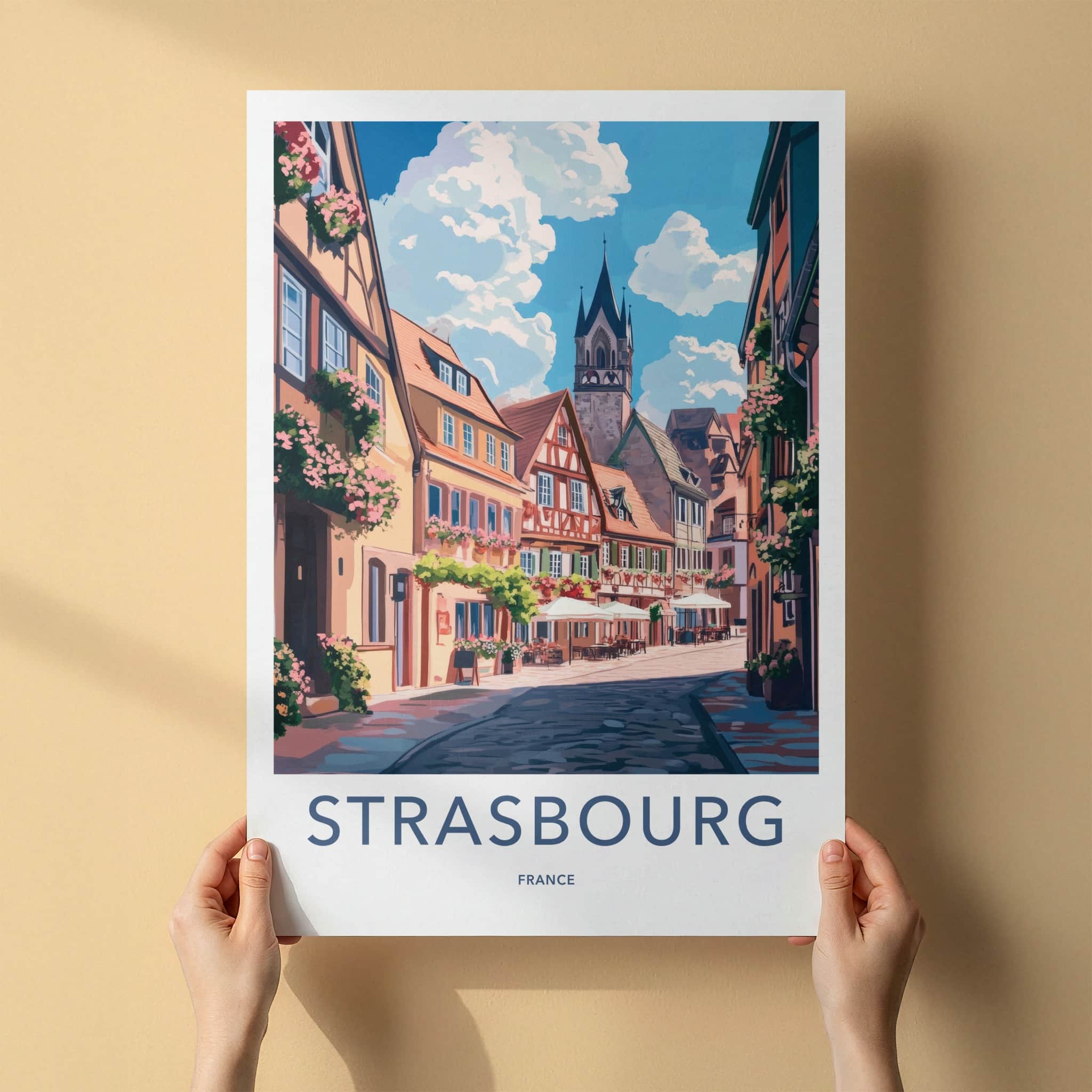 Strasbourg Poster - France Travel Art - Flowered Cobblestone Alley Home Decor