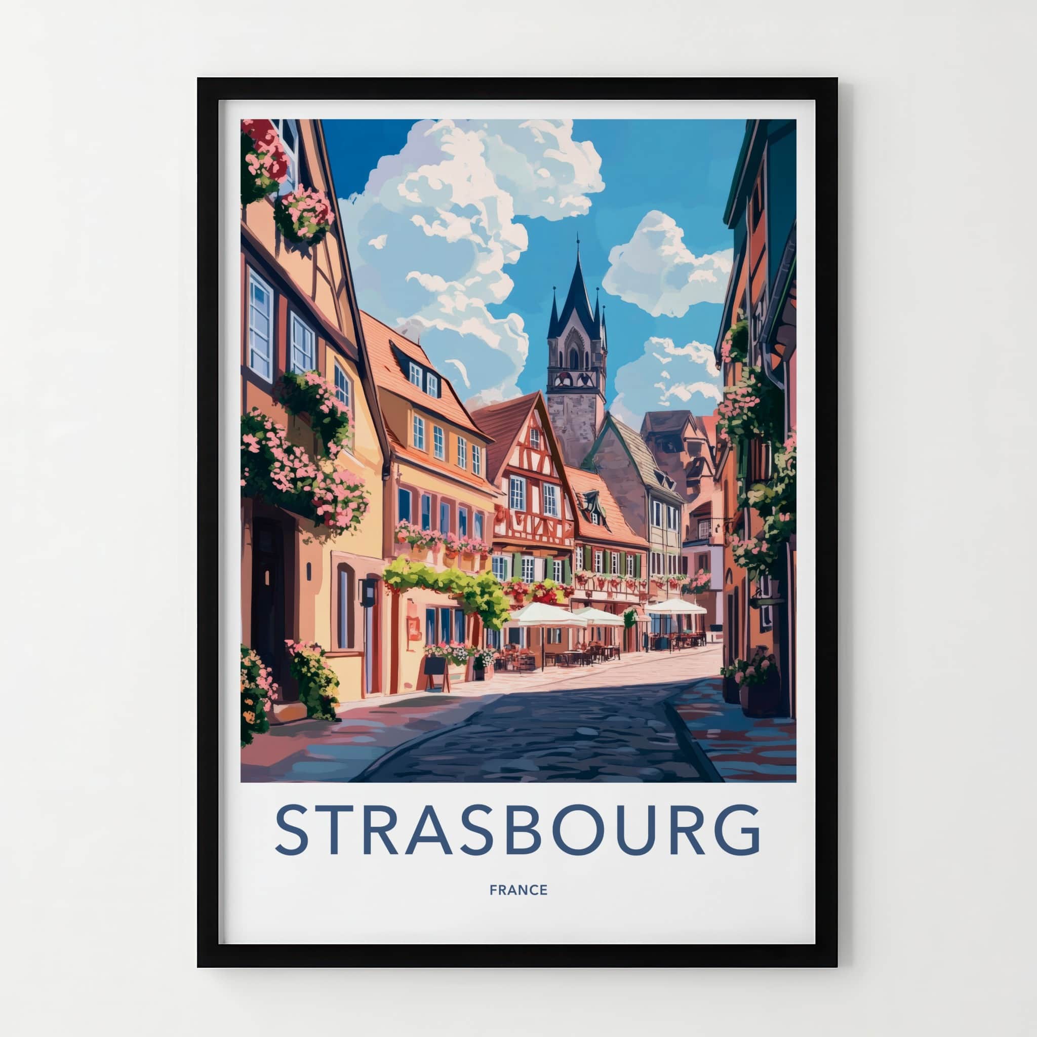 Strasbourg Poster - France Travel Art - Flowered Cobblestone Alley Home Decor