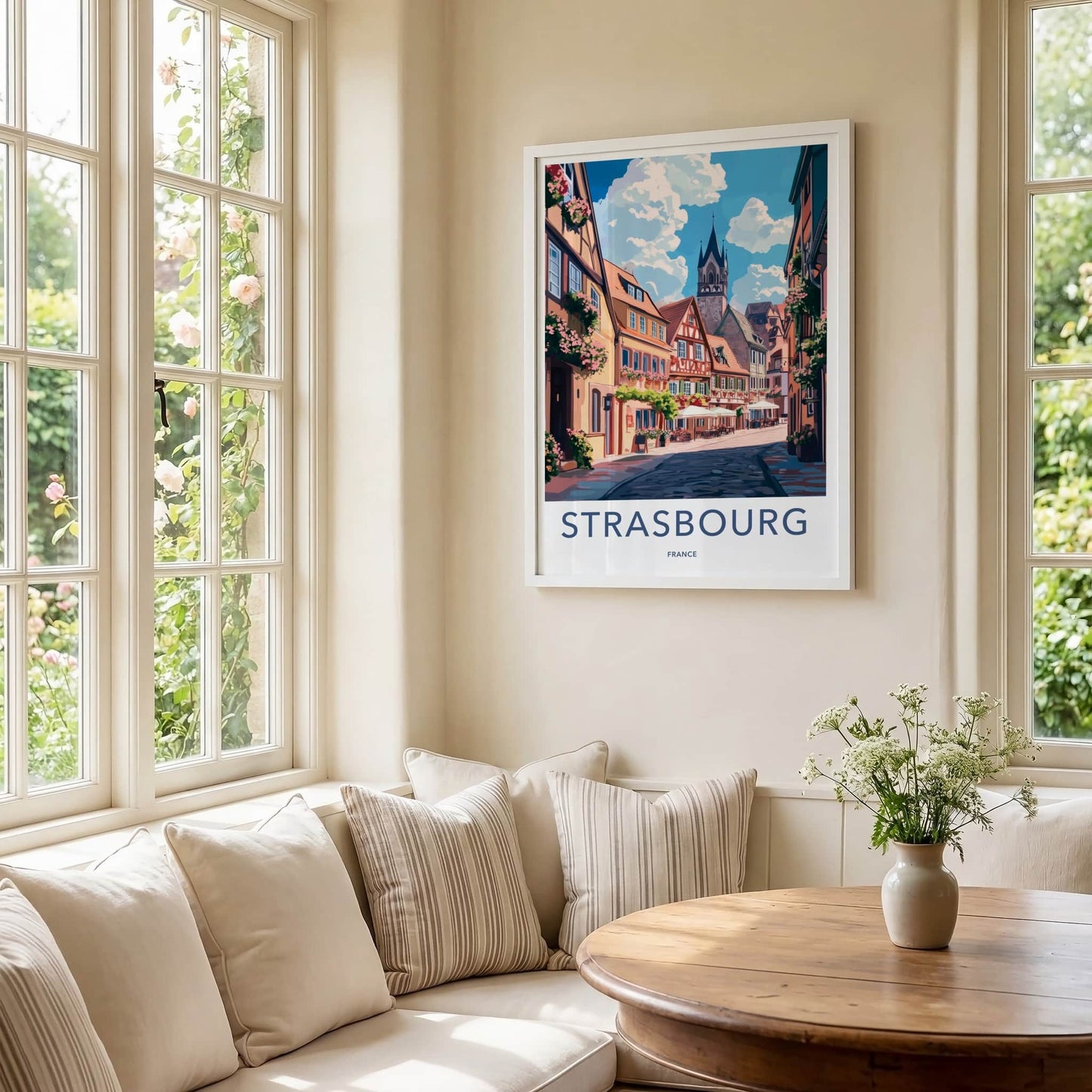 Strasbourg Poster - France Travel Art - Flowered Cobblestone Alley Home Decor