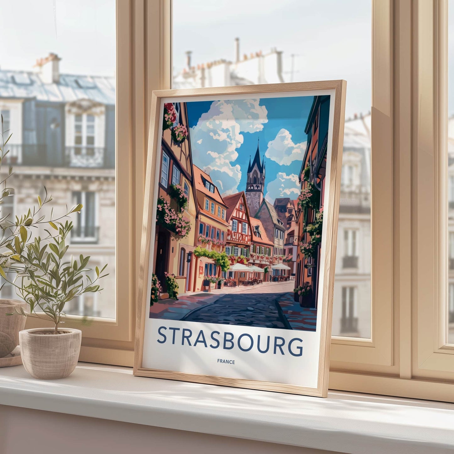 Strasbourg Poster - France Travel Art - Flowered Cobblestone Alley Home Decor