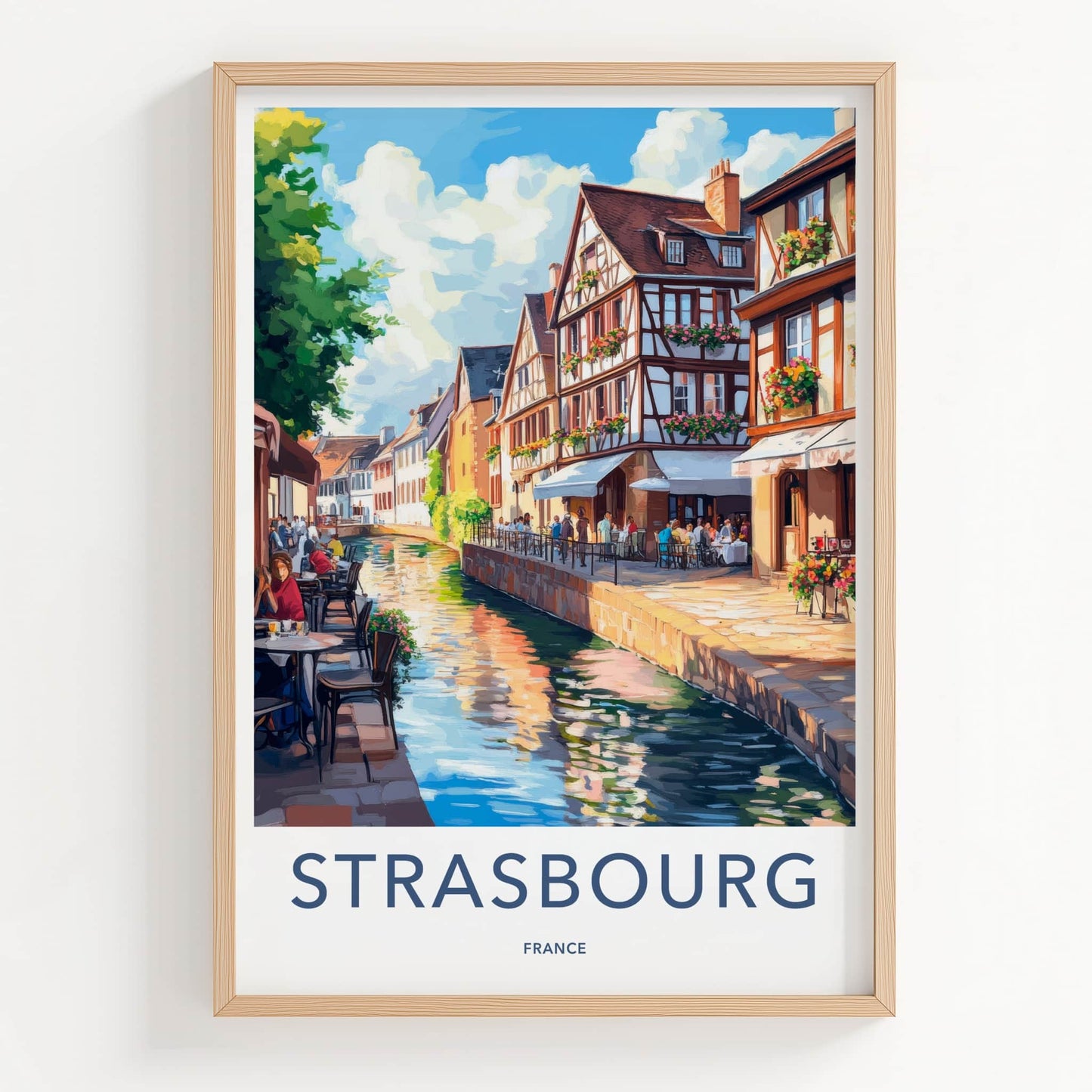 Strasbourg Poster - France Travel Art - Riverside Cafe Scene Home Decor