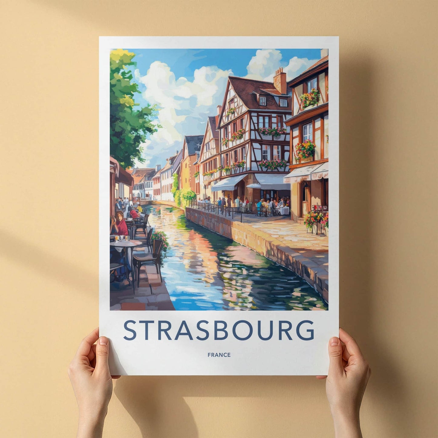 Strasbourg Poster - France Travel Art - Riverside Cafe Scene Home Decor