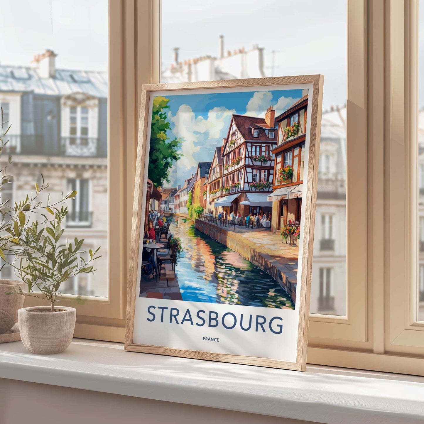 Strasbourg Poster - France Travel Art - Riverside Cafe Scene Home Decor