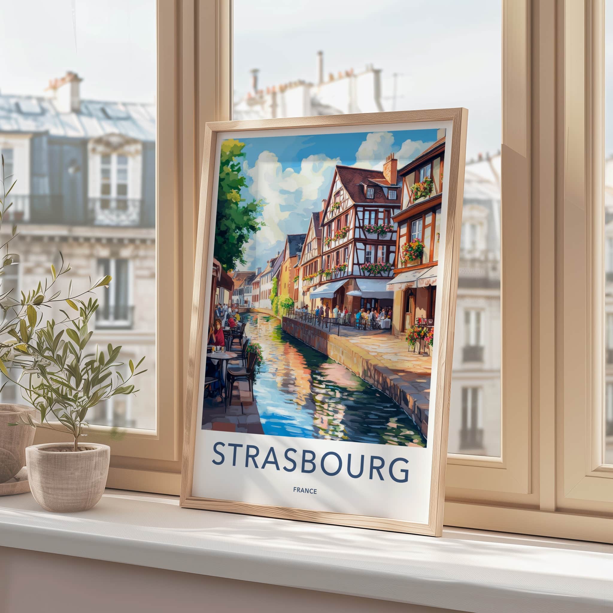 Strasbourg Poster - France Travel Art - Riverside Cafe Scene Home Decor