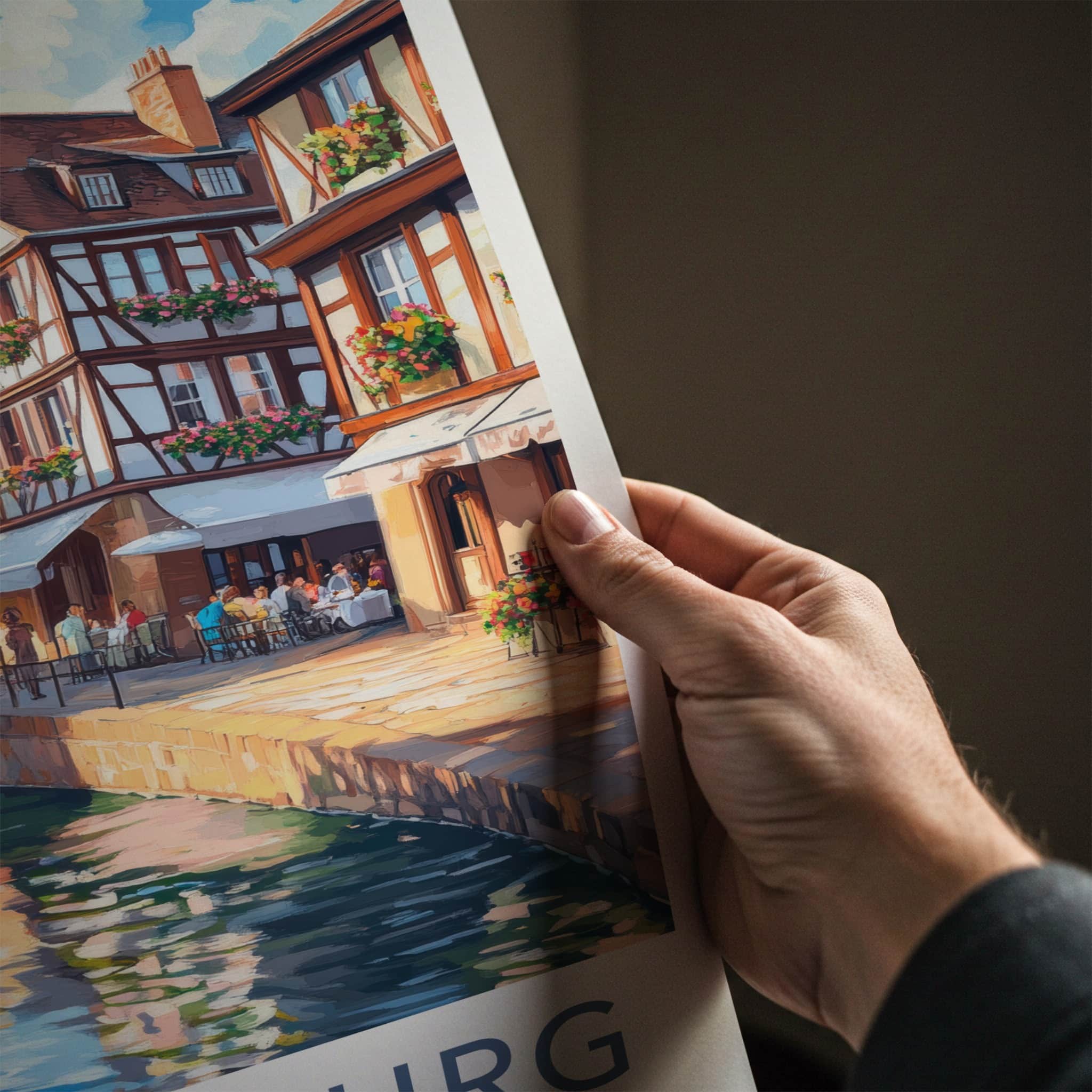 Strasbourg Poster - France Travel Art - Riverside Cafe Scene Home Decor