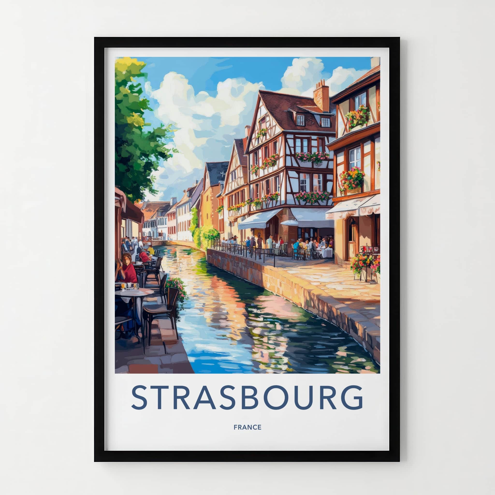 Strasbourg Poster - France Travel Art - Riverside Cafe Scene Home Decor