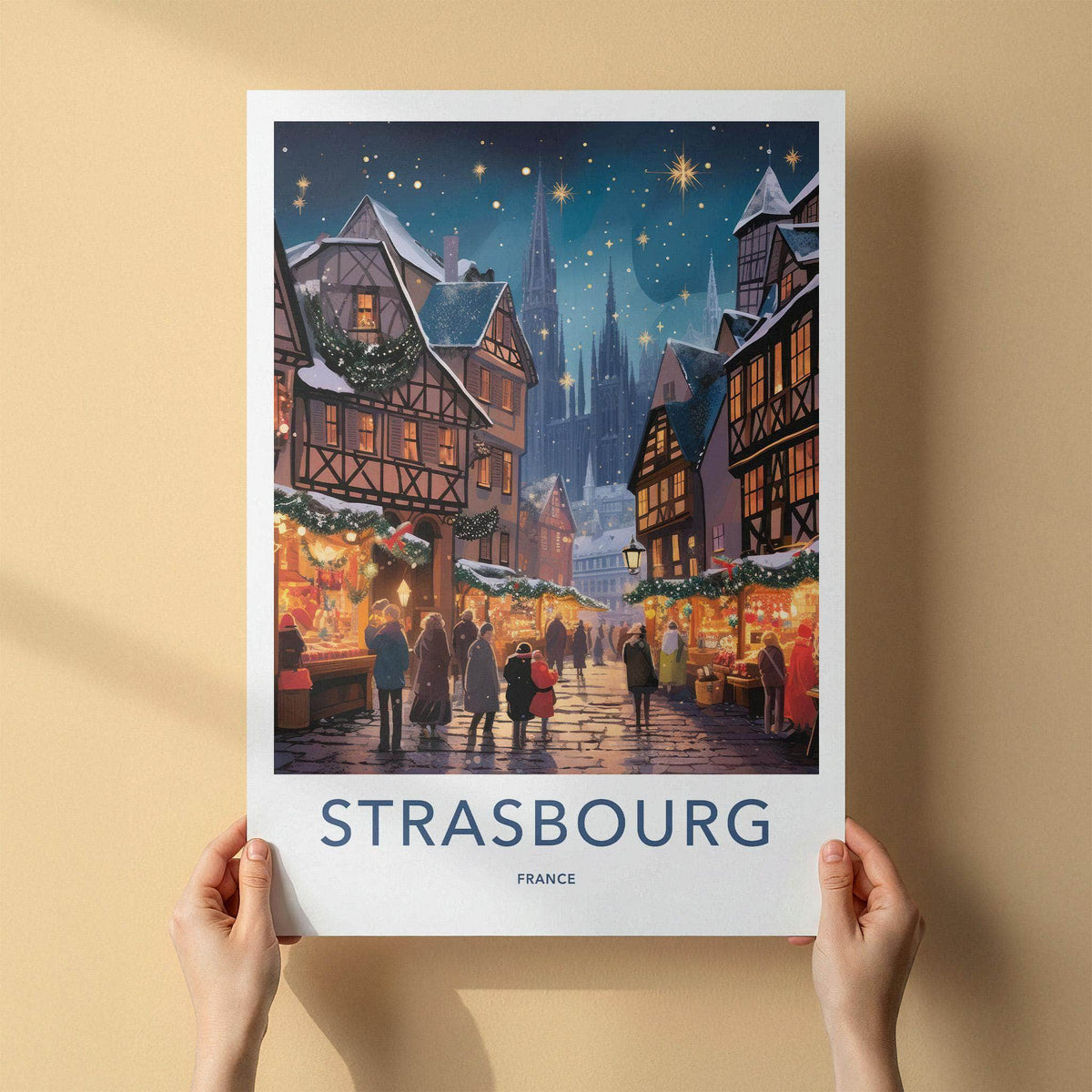 Strasbourg Wall Art - France Travel Poster with Scenic Winter Market