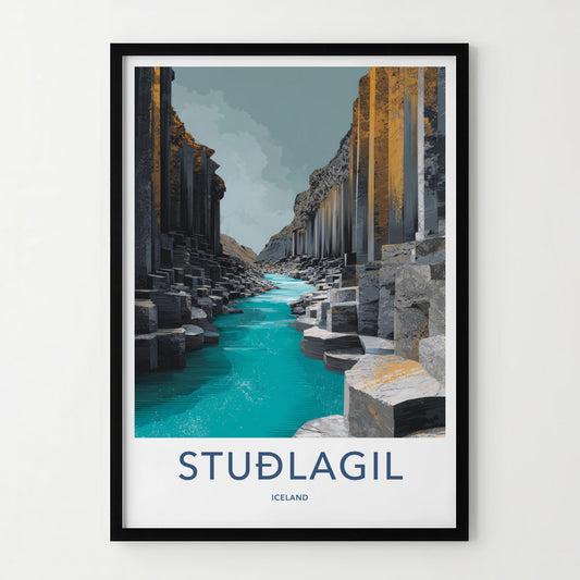Studlagil Poster - Iceland Travel Art - Columnar Basalt Gorge Home Decor