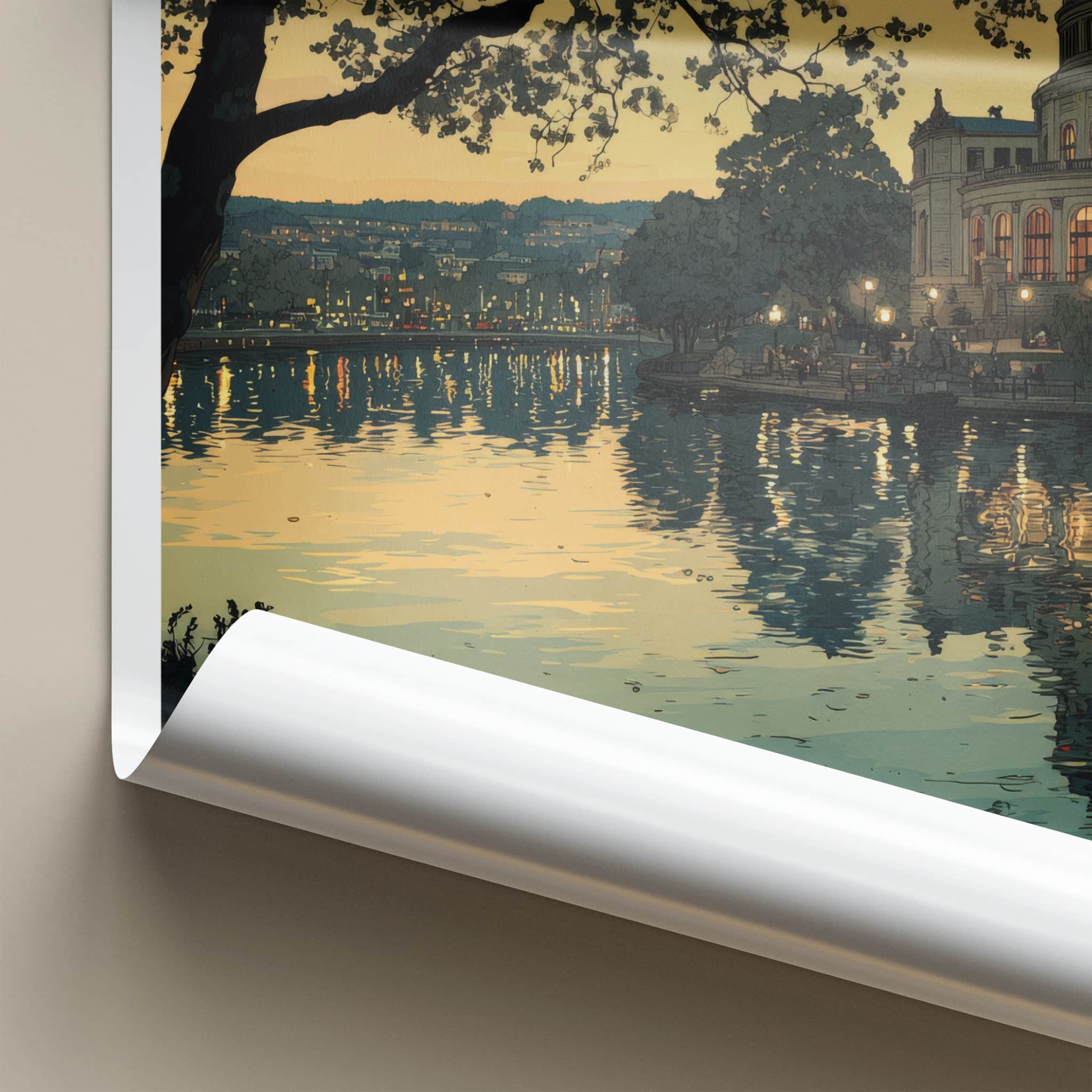 Stuttgart Poster - Germany Travel Art - Dusk lake building Home Decor