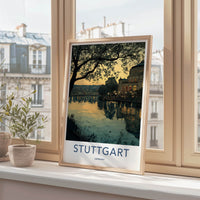 Stuttgart Poster - Germany Travel Art - Dusk lake building Home Decor