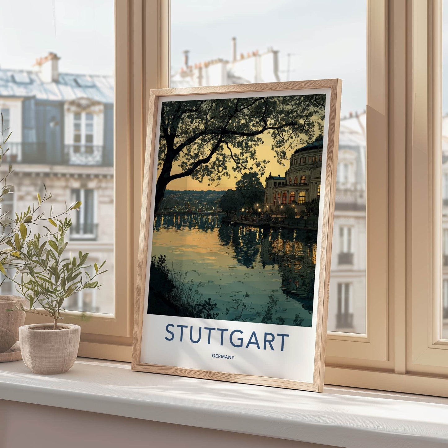Stuttgart Poster - Germany Travel Art - Dusk lake building Home Decor
