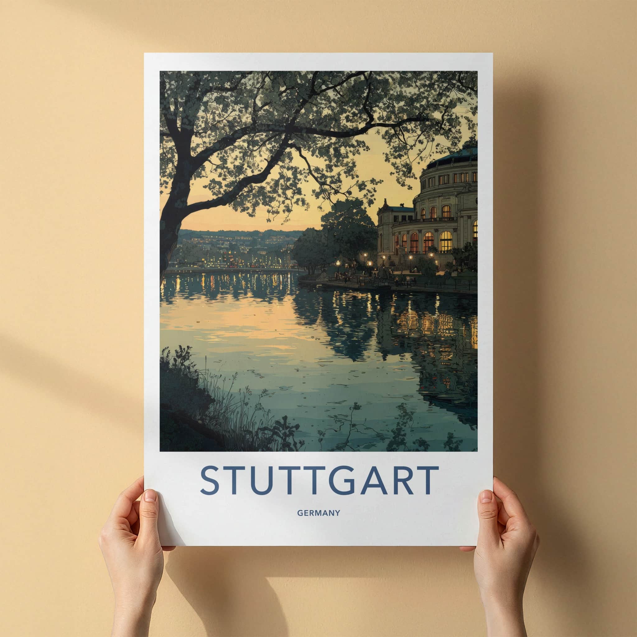 Stuttgart Poster - Germany Travel Art - Dusk lake building Home Decor