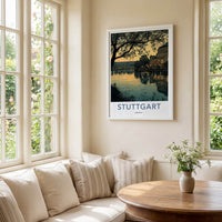 Stuttgart Poster - Germany Travel Art - Dusk lake building Home Decor