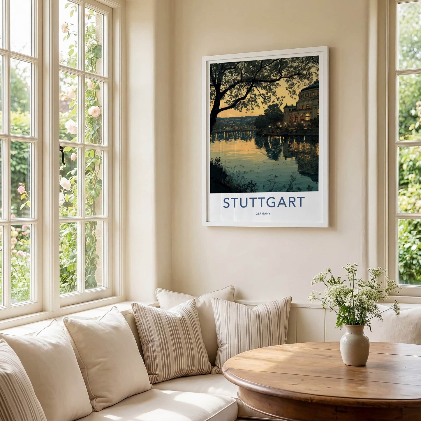 Stuttgart Poster - Germany Travel Art - Dusk lake building Home Decor